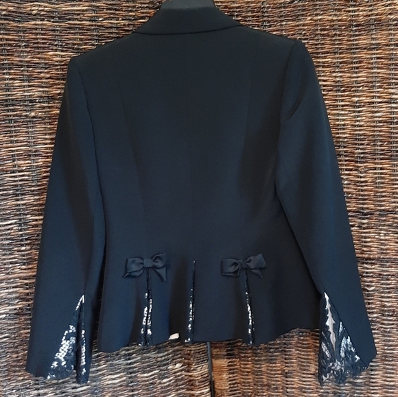 Louis Feraud Silk Blazer Black 38 6 Small Medium Bows Lace Formal French Chic - Picture 2 of 10